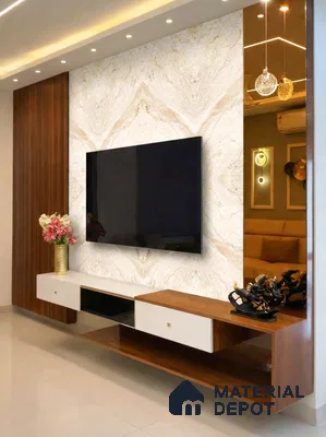 Modern TV unit with white marble laminate, walnut wood laminate, and fluted wood panels