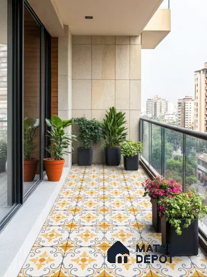 Modern balcony with beige stone wall cladding and yellow patterned moroccan floor tiles