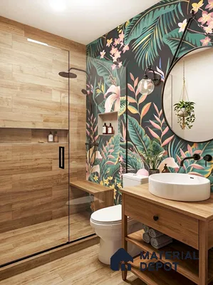 Eclectic bathroom with tropical floral wallpaper and wood-look tiles