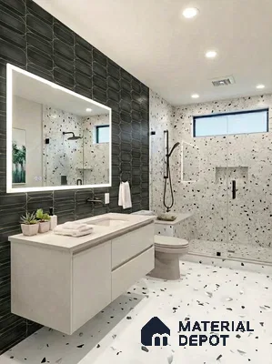 Modern bathroom with black geometric wall tile and white terrazzo wall and floor tiles