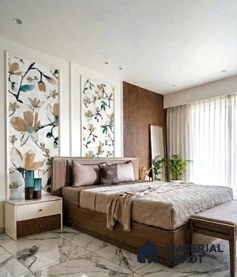 Modern bedroom with floral wallpaper panels, wood laminate bed, and marble floor tiles