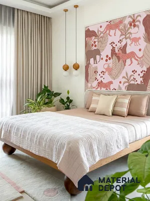 Scandinavian bedroom with pastel animal print wallpaper and natural wood bed frame