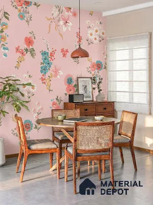 Eclectic dining room with pink floral wallpaper and natural wood cane chairs