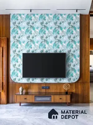 Mid-century modern TV unit with tropical wallpaper and walnut wood laminate