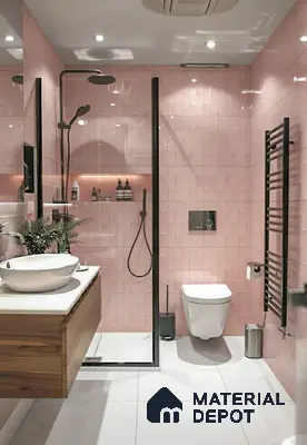 Modern bathroom with blush pink kitkat subway wall tiles and white floor tiles in 2 BHK apartment JS Sunflower Anantapuram Bengaluru
