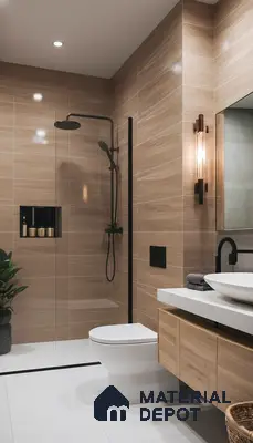 Modern bathroom with beige stone-look wall tiles, white floor tiles, and wood laminate vanity in 2 BHK apartment JS Sunflower Anantapuram Bengaluru