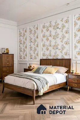 Mid-century modern bedroom with floral wallpaper and herringbone oak wooden flooring in 2 BHK apartment JS Sunflower Anantapuram Bengaluru
