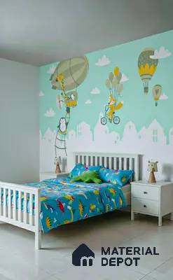 Modern kids room with playful animal print wallpaper, white bed, and glossy white floor tiles in 2 BHK apartment JS Sunflower Anantapuram Bengaluru