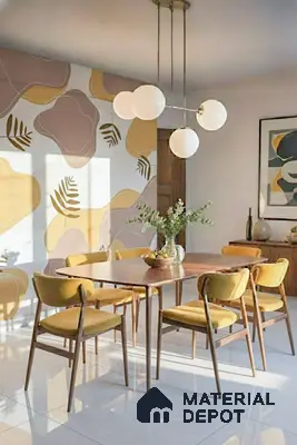 Mid-century modern dining room with abstract patterned wallpaper, walnut wood dining set, and glossy white floor tiles in 2 BHK apartment JS Sunflower Anantapuram Bengaluru