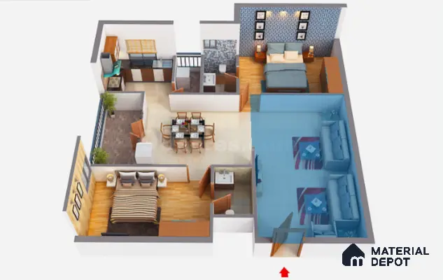 Modern living room with white floor tiles, blue sofas, and accent rug in 2 BHK apartment JS Sunflower Anantapuram Bengaluru