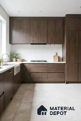 Modern kitchen with walnut brown wood laminate cabinets, white herringbone backsplash tile, and beige stone floor tile in 2 BHK apartment JS Sunflower Anantapuram Bengaluru