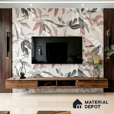Modern TV unit with floral wallpaper, walnut wood floating cabinet, and vertical wood louvers in 2 BHK apartment JS Sunflower Anantapuram Bengaluru