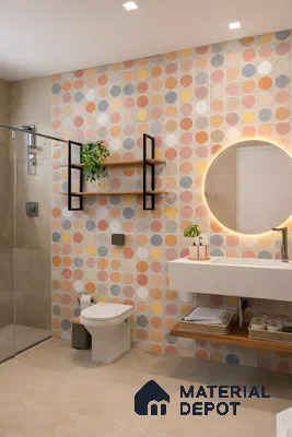 Modern bathroom with pastel geometric patterned wall tiles and beige floor tiles