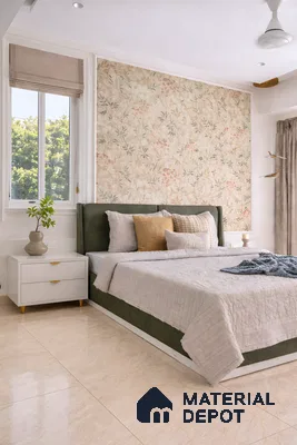 Modern bedroom with floral wallpaper, olive green upholstered bed, and beige marble floor tiles