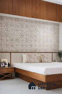 Modern bedroom with patterned accent wall tile and walnut wood laminate furniture