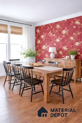 Traditional dining room with floral red wallpaper and natural oak wood flooring