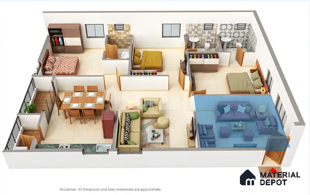 Modern living room with beige tile flooring, pastel upholstery, and wooden furniture