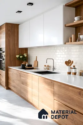 Scandinavian kitchen with white laminate, oak wood laminate, and cream subway backsplash tile