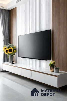 Modern TV unit with white fluted wall panels, walnut wood laminate, and glossy white laminate cabinet