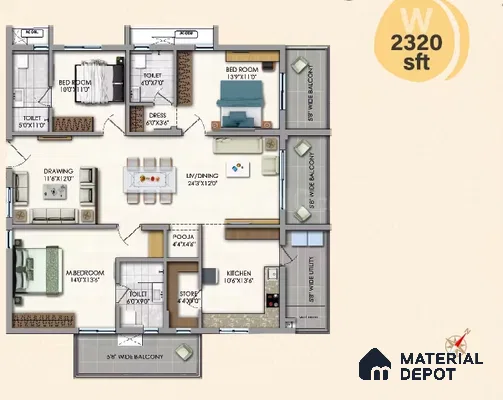 Modern 3BHK apartment floor plan with open living-dining, modular kitchen, and multiple balconies