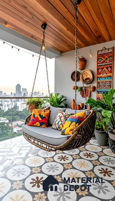 Bohemian balcony with patterned encaustic moroccan floor tiles and wooden ceiling panels