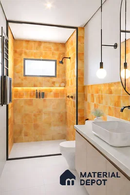 Modern bathroom with terracotta wall tiles and white countertop vanity
