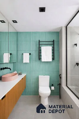 Modern bathroom with mint green fluted wall tiles, white quartz countertop, and wood laminate vanity