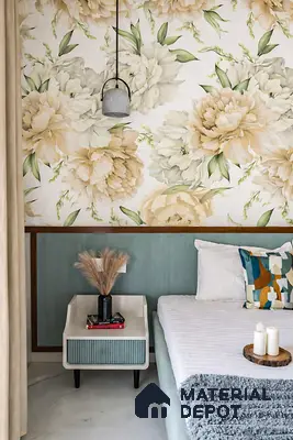 Modern bedroom with floral wallpaper, pastel green fluted panel, and white marble floor tile