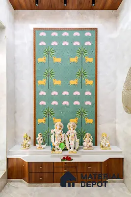 Traditional pooja room with patterned wallpaper, marble wall tiles, and walnut wood laminate cabinetry
