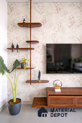 Mid-century modern living room with floral wallpaper and walnut wood TV unit