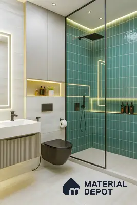 Modern bathroom with turquoise subway wall tiles, matte black fixtures, and light beige floor tiles of 4 BHK apartment in Jain Heights East Parade Kaggadasapura Bengaluru