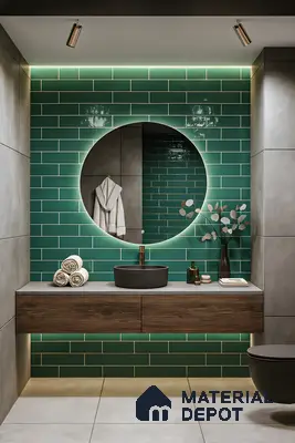 Modern bathroom with emerald green subway wall tiles and wood floating vanity of 4 BHK apartment in Jain Heights East Parade Kaggadasapura Bengaluru