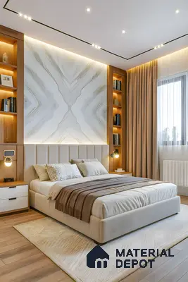 Modern bedroom with bookmatch marble accent wall, oak wood shelving, and beige upholstered bed of 4 BHK apartment in Jain Heights East Parade Kaggadasapura Bengaluru