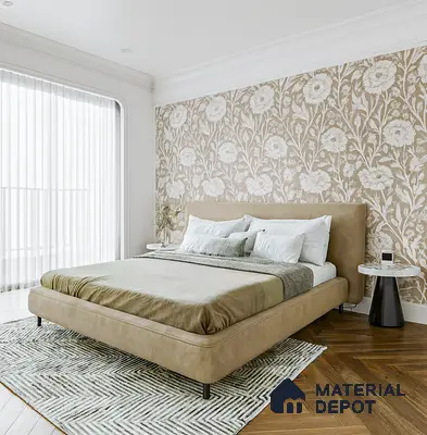 Modern bedroom with beige floral wallpaper, suede upholstered bed, and herringbone wood flooring of 4 BHK apartment in Jain Heights East Parade Kaggadasapura Bengaluru