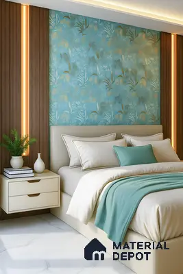 Modern bedroom with teal floral wallpaper, walnut wood vertical panels, and ivory upholstered bed of 4 BHK apartment in Jain Heights East Parade Kaggadasapura Bengaluru