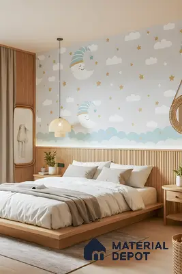 Scandinavian kids room with moon and stars wallpaper, light oak wood flooring, and fluted wood wall panels of 4 BHK apartment in Jain Heights East Parade Kaggadasapura Bengaluru
