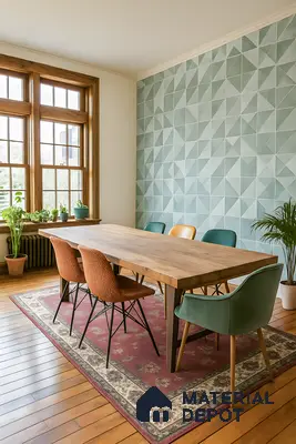 Scandinavian dining room with geometric mint green wall tiles and natural wood dining table of 4 BHK apartment in Jain Heights East Parade Kaggadasapura Bengaluru