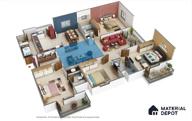 Modern living room with beige floor tiles, white and blue accent wall, and contemporary furniture of 4 BHK apartment in Jain Heights East Parade Kaggadasapura Bengaluru