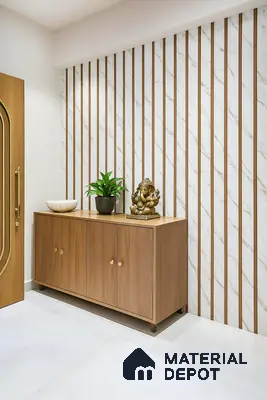 Modern pooja room with marble-look wall panels and walnut wood laminate cabinet of 4 BHK apartment in Jain Heights East Parade Kaggadasapura Bengaluru
