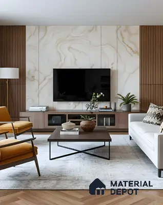 Modern living room with marble-look laminate TV wall and walnut wood louvers of 4 BHK apartment in Jain Heights East Parade Kaggadasapura Bengaluru