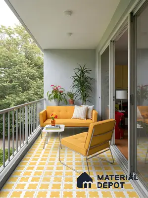 Modern balcony with yellow patterned floor tiles and mustard upholstered seating in 3 BHK apartment Jal Vayu Heights Peenya Phase 1 Bengaluru