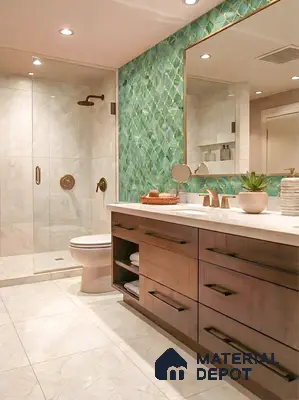 Modern bathroom with green geometric highlighter wall tile, marble floor tile, and walnut wood vanity in 3 BHK apartment Jal Vayu Heights Peenya Phase 1 Bengaluru