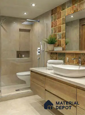 Modern bathroom with beige stone tiles, patterned highlighter wall tiles, and wood-look vanity in 3 BHK apartment Jal Vayu Heights Peenya Phase 1 Bengaluru