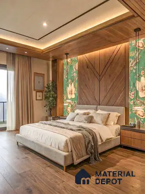 Modern bedroom with walnut wood paneling, floral wallpaper, and wooden flooring in 3 BHK apartment Jal Vayu Heights Peenya Phase 1 Bengaluru