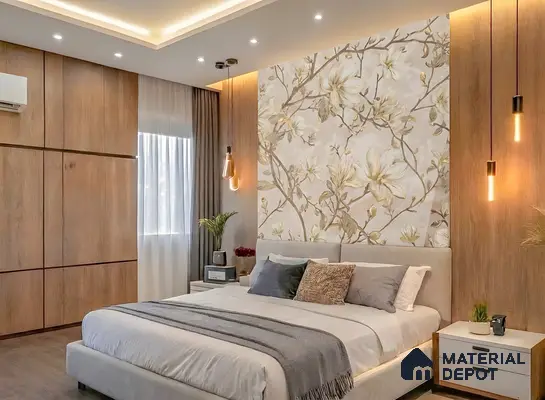 Modern bedroom with floral wallpaper accent wall and natural wood laminate wardrobes in 3 BHK apartment Jal Vayu Heights Peenya Phase 1 Bengaluru