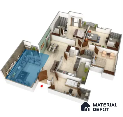 Modern living room with beige floor tiles and accent wallpaper in 3 BHK apartment Jal Vayu Heights Peenya Phase 1 Bengaluru
