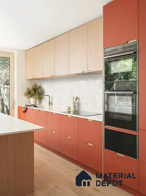 Scandinavian kitchen with terracotta laminate, light oak laminate, and chevron backsplash tile in 3 BHK apartment Jal Vayu Heights Peenya Phase 1 Bengaluru