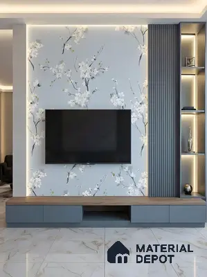 Modern TV unit with floral wallpaper, grey fluted panels, and marble floor tiles in 3 BHK apartment Jal Vayu Heights Peenya Phase 1 Bengaluru