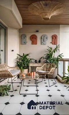 Scandinavian balcony with rattan furniture, wooden louver ceiling, and black-and-white geometric floor tiles of 3 BHK apartment in Jana Jeeva orchid KR puram Bengaluru