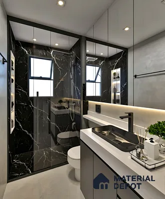 Modern bathroom with black marble wall tiles, white quartz countertop, and matte grey vanity of 3 BHK apartment in Jana Jeeva orchid KR puram Bengaluru